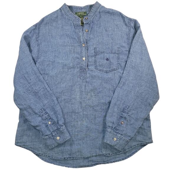 Lauren Ralph Lauren Blue Chambray Linen Blouse L 1/2 Button EUC - Picture 3 of 9